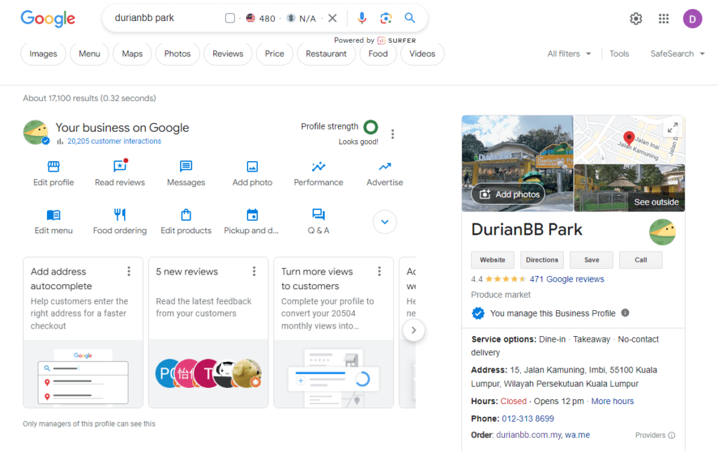Screenshot of Google Business Profile Settings Area