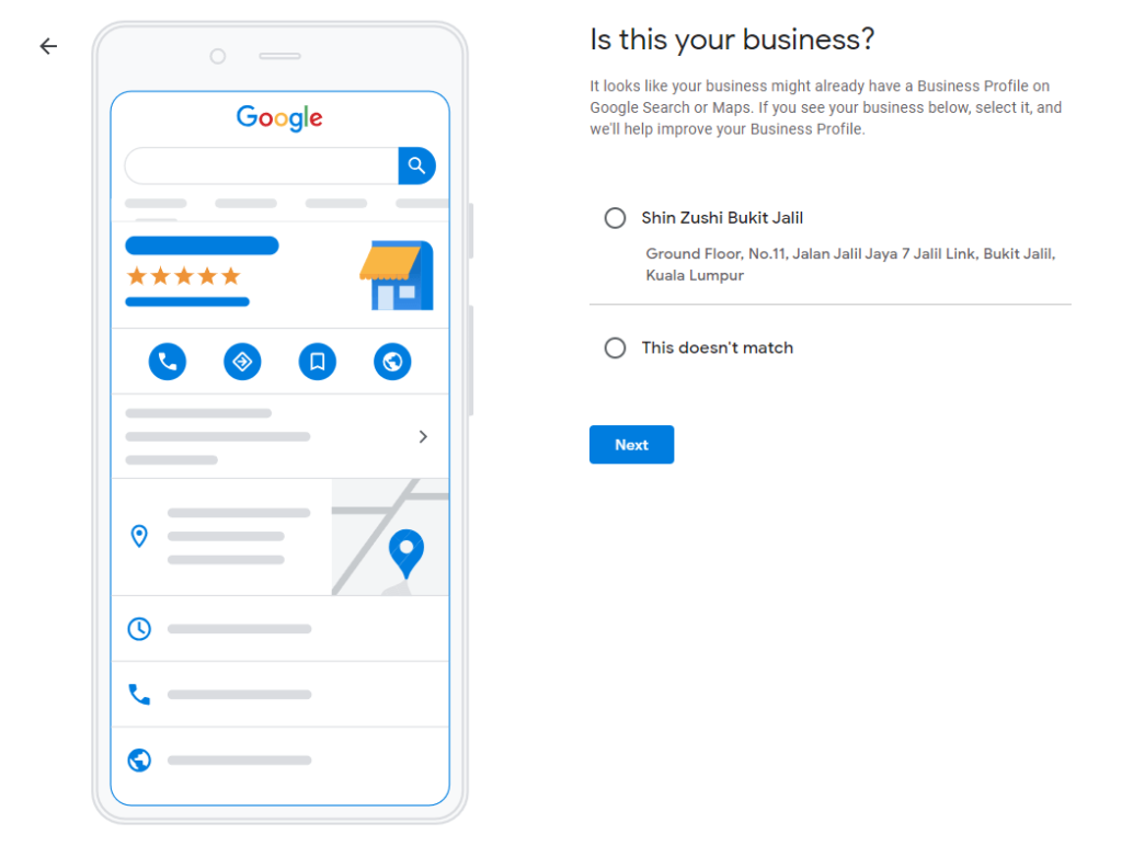 Screenshot of Google My Business Profile Setup - confirm if existing listing is your business