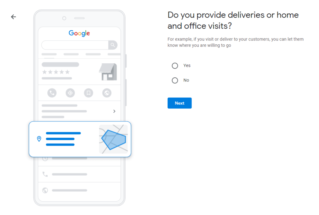 Screenshot of Google My Business Profile Setup - indicate deliveries or home and office visits